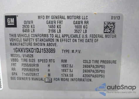 2013 GMC Acadia Slt-2 z USA, uszkodzony, nr VIN 1GKKVSKD1DJ153089